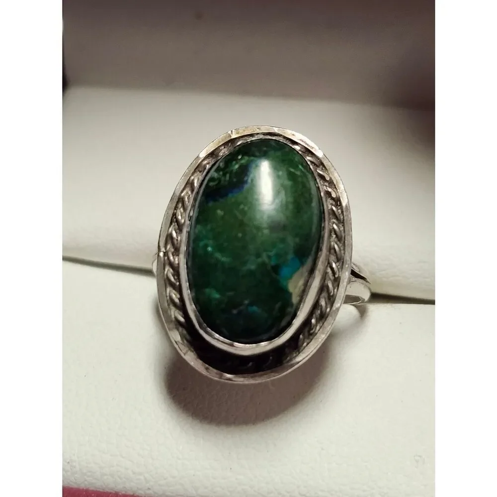 VINTAGE MEXICO STERLING SILVER AND CHRYSOCOLLA STONE RING SIZE 7.75